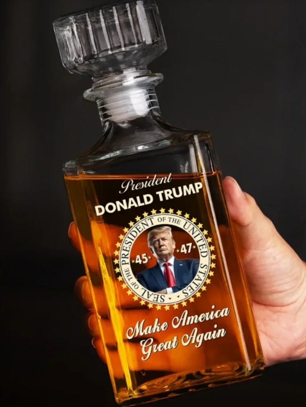 DJT President 45/47 Clear Glass Whiskey Decanter - 26oz Clear Crystal Bottle - Picture 3 of 4
